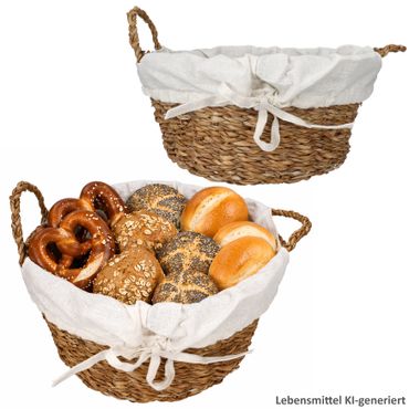 2er Set Brotkorb rund mit Bezug & Griffen aus Wasserhyazinthe & Baumwolle – BD2000730