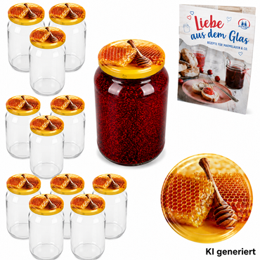 12er Set Rundglas 720 ml TO 82 Carino Honigwabe Deckel incl. Diamant Gelierzauber Rezeptheft