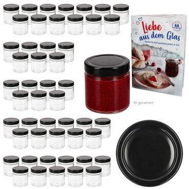 50er Set Marmeladenglas / Hochrandglas 212 ml Deep TO 70 (DTO) schwarzer Deckel inkl. Rezeptheft