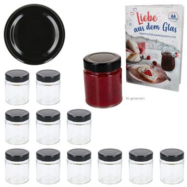 12er Set Marmeladenglas / Hochrandglas 161 ml Deep TO 58 (DTO) schwarzer Deckel inkl. Rezeptheft