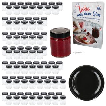 96er Set Marmeladenglas / Hochrandglas 161 ml Deep TO 58 (DTO) schwarzer Deckel inkl. Rezeptheft