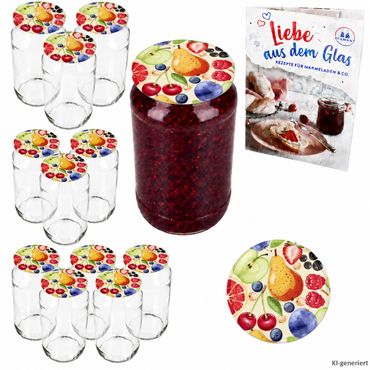 12er Set Rundglas 1062 ml To 82 Comic Obst Deckel incl. Diamant Gelierzauber Rezeptheft