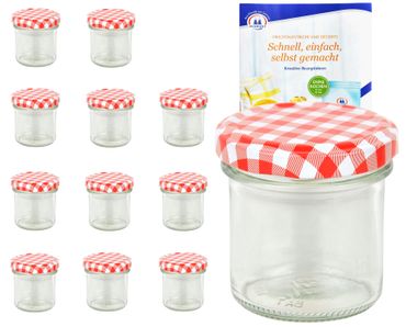 12er Set Sturzglas 167 ml To 66 rot karierter Deckel incl. Diamant Gelierzauber Rezeptheft_Bild_1