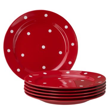 6er Set Essteller flach Emily 27cm rot mit weißen Punkten_Bild_1