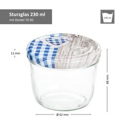 Sturz-230er-Bemassung-Holz-Herz-blaukariert-01.jpg 40er Set Sturzglas 230 ml To 82 Holz Herz blau Deckel incl. Diamant Gelierzauber Rezeptheft_Bild_5