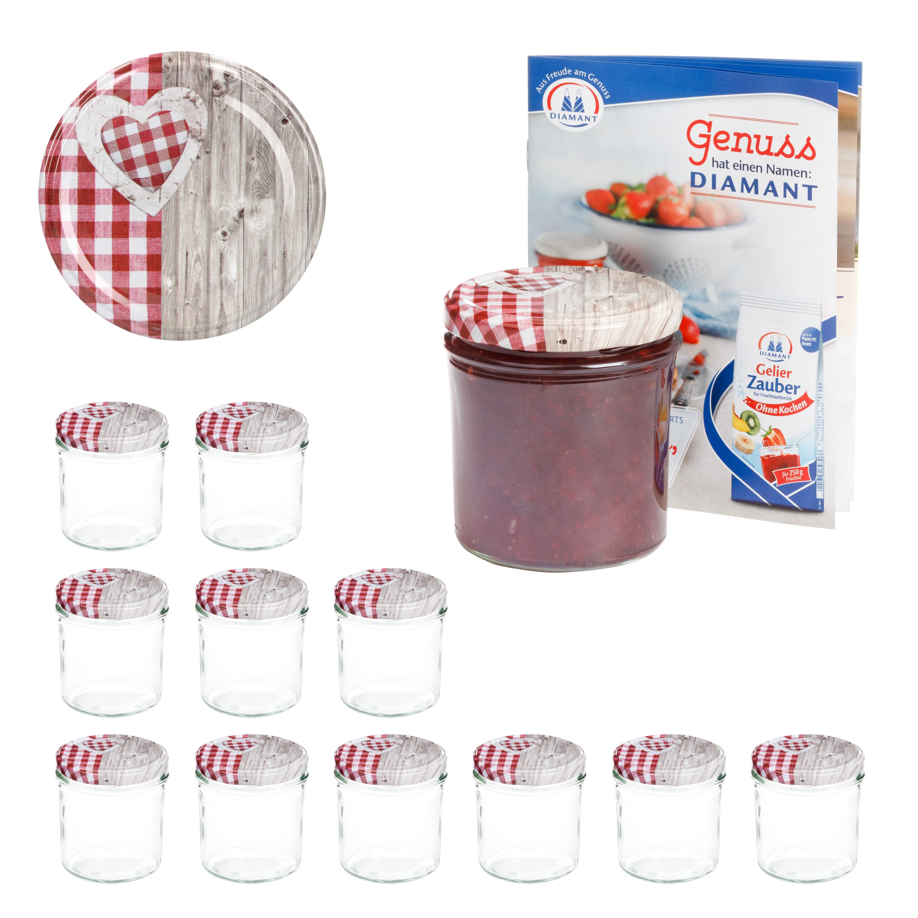 50 Sturzgläser 350 ml Deckel Herz Holz rotkariert Einmachgläser Einweckglas Glas