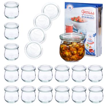 18er Set Weck Gläser 370ml Tulpenglas mit 18 Glasdeckeln inkl Rezeptheft_Bild_1