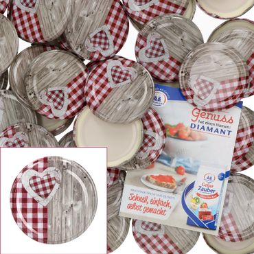 50er Set Deckel To 82 Holz-Herz rot passend für 230ml / 350ml / 435ml Gläser incl. Diamant-Zucker Gelierzauber Rezeptheft_Bild_1