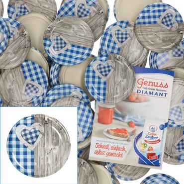 50er Set Deckel To 82 Holz-Herz blau passend für 230ml / 350ml / 435ml Gläser incl. Diamant-Zucker Gelierzauber Rezeptheft_Bild_1