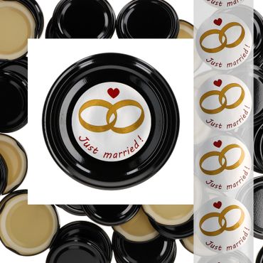 JUST MARRIED 50er Set Deckel To 66 Schwarz passend für 125ml Gläser + Hochzeits-Etiketten_Bild_1