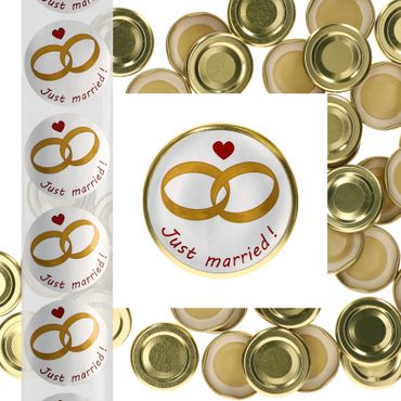 JUST MARRIED 50er Set Deckel To 66 uni gold passend für 125ml Gläser + Hochzeits-Etiketten_Bild_1