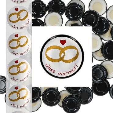 JUST MARRIED 50er Set Deckel To 43 schwarz passend für 37/53ml Gläser + Hochzeits-Etiketten_Bild_1