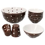 9tlg Set 6x Müslischale + Salatschüsel 24cm + Salz & Pfeffer braun weiß gepunktet _Bild_1