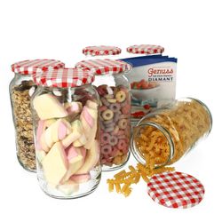 1062GlaeserRotKarriert6erSet.jpg 6er Set Rundglas 1062 ml To 82 rot karierter Deckel incl. Diamant Gelierzauber Rezeptheft_Bild_1