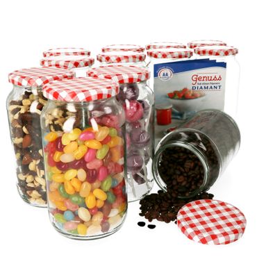 12er Set Rundglas 1062 ml To 82 rot karierter Deckel incl. Diamant Gelierzauber Rezeptheft_Bild_1