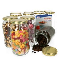 1062GlaeserGold12erSet.jpg 12er Set Rundglas 1062 ml To 82 goldener Deckel incl. Diamant Gelierzauber Rezeptheft_Bild_1