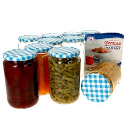 12erSet720GlaeserBlauKarriert.jpg 12er Set Rundglas 720 ml To 82 blau karierter Deckel incl. Diamant Gelierzauber Rezeptheft_Bild_1