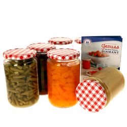 6erSet720GlaeserRotKarriert.jpg 6er Set Rundglas 720 ml To 82 rot karierter Deckel incl. Diamant Gelierzauber Rezeptheft_Bild_1