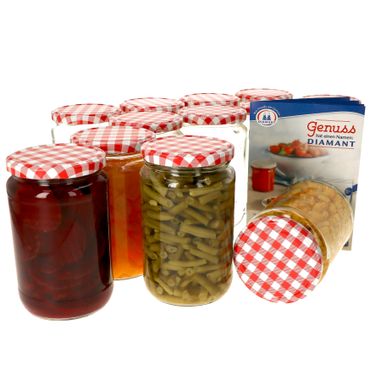 12er Set Rundglas 720 ml To 82 rot karierter Deckel incl. Diamant Gelierzauber Rezeptheft_Bild_1