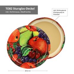 TO-82-Deckelmotive-Obstfruechte-Bemassung.jpg 6er Set Rundglas 720 ml To 82 Obst Dekor Deckel incl. Diamant Gelierzauber Rezeptheft_Bild_4