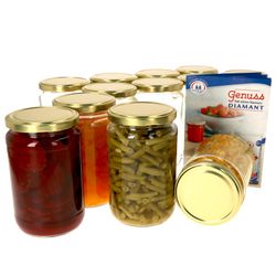 12erSet720GlaeserGold.jpg 12er Set Rundglas 720 ml To 82 goldener Deckel incl. Diamant Gelierzauber Rezeptheft_Bild_1