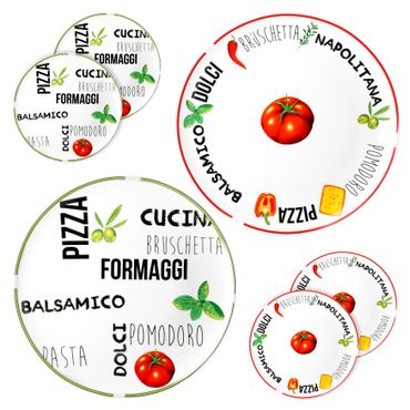 6er Set Pizzateller Tomate Weiß mit Dekor Ø 31cm - 3x Grün & 3x Rot - 27020533_Bild_1