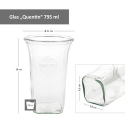 WECK-Quadro-Glas-795ml-Bemassung02.jpg 6er Set Weck Quentin 795 ml + 6 Glasdeckeldeckel + 6 Einkochringe + 12 Klammern mit Rezeptheft_Bild_4