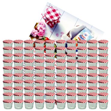 100er Set Sturzglas 230 ml Marmeladenglas Einmachglas Einweckglas To 82 rot karierter Deckel incl. Diamant-Zucker Gelierzauber Rezeptheft_Bild_3