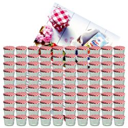 rot-100-1.jpg 100er Set Sturzglas 230 ml Marmeladenglas Einmachglas Einweckglas To 82 rot karierter Deckel incl. Diamant-Zucker Gelierzauber Rezeptheft_Bild_3