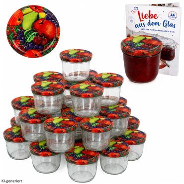 100er Set Sturzglas 230 ml Marmeladenglas Einmachglas Einweckglas To 82 Obst Dekor Deckel incl. Diamant-Zucker Gelierzauber Rezeptheft
