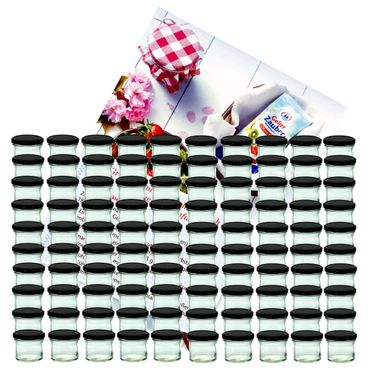 100er Set Sturzglas 125 ml Marmeladenglas Einmachglas Einweckglas To 66 schwarzer Deckel incl. Diamant-Zucker Gelierzauber Rezeptheft_Bild_1