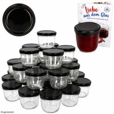 100er Set Sturzglas 230 ml Marmeladenglas Einmachglas Einweckglas To 82 schwarzer Deckel incl. Diamant-Zucker Gelierzauber Rezeptheft