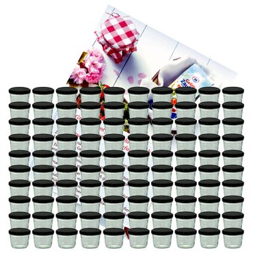 100er Set Sturzglas 230 ml Marmeladenglas Einmachglas Einweckglas To 82 schwarzer Deckel incl. Diamant-Zucker Gelierzauber Rezeptheft_Bild_1