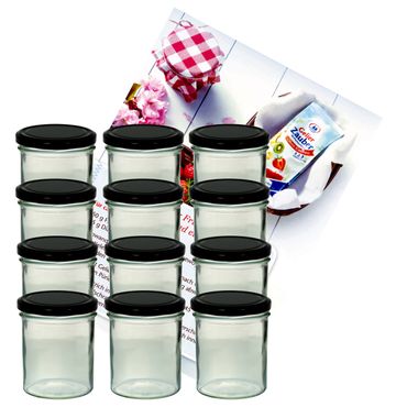 12er Set Sturzglas 350 ml Marmeladenglas Einmachglas Einweckglas To 82 schwarzer Deckel incl. Diamant-Zucker Gelierzauber Rezeptheft_Bild_1