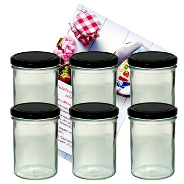 6er Set Sturzglas 435 ml Marmeladenglas Einmachglas Einweckglas To 82 schwarzer Deckel incl. Diamant-Zucker Gelierzauber Rezeptheft_Bild_1