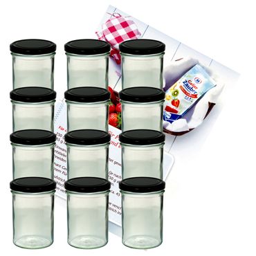 12er Set Sturzglas 435 ml Marmeladenglas Einmachglas Einweckglas To 82 schwarzer Deckel incl. Diamant-Zucker Gelierzauber Rezeptheft_Bild_1