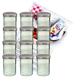 sturzglas-435-ml-silber-12-gelier.jpg 12er Set Sturzglas 435 ml Marmeladenglas Einmachglas Einweckglas To 82 silberner Deckel incl. Diamant-Zucker Gelierzauber Rezeptheft_Bild_1