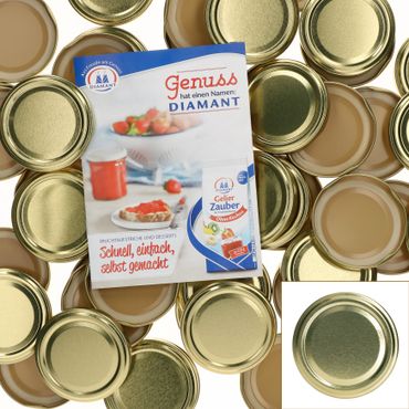 50er Set Deckel To 66 uni gold passend für 125ml Gläser incl. Diamant-Zucker Gelierzauber Rezeptheft_Bild_1