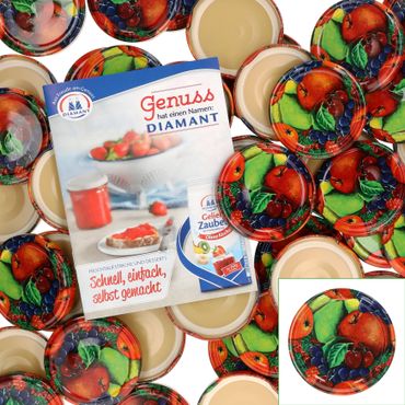 50er Set Deckel To 66 Obst Dekor passend für 125ml Gläser incl. Diamant-Zucker Gelierzauber Rezeptheft_Bild_1