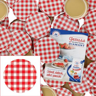 50er Set Deckel To 82 rot kariert passend für 230ml / 350ml / 435ml Gläser incl. Diamant-Zucker Gelierzauber Rezeptheft_Bild_1