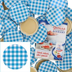 sturz-deckel-blau-kariert-50er-set-mit-heft.jpg 50er Set Deckel To 82 blau kariert passend für 230ml / 350ml / 435ml Gläser incl. Diamant-Zucker Gelierzauber Rezeptheft_Bild_1