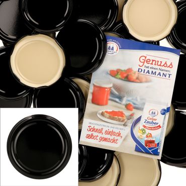 50er Set Deckel To 82 schwarz passend für 230ml / 350ml / 435ml Gläser incl. Diamant-Zucker Gelierzauber Rezeptheft_Bild_1