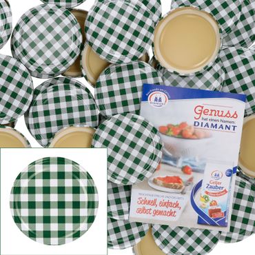 50er Set Deckel To 82 grün kariert passend für 230ml / 350ml / 435ml Gläser incl. Diamant-Zucker Gelierzauber Rezeptheft_Bild_1