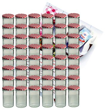 48er Set Sturzglas 435 ml Marmeladenglas Einmachglas Einweckglas To 82 rot karierter Deckel incl. Diamant-Zucker Gelierzauber Rezeptheft_Bild_1