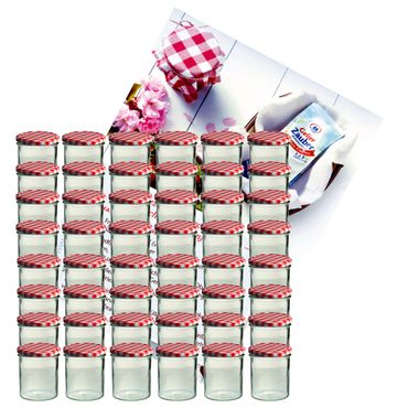 48er Set Sturzglas 350 ml Marmeladenglas Einmachglas Einweckglas To 82 rot karierter Deckel incl. Diamant-Zucker Gelierzauber Rezeptheft_Bild_1