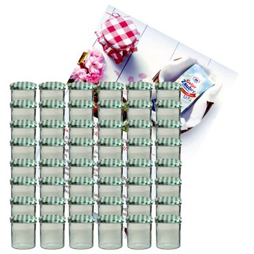 48er Set Sturzglas 350 ml Marmeladenglas Einmachglas Einweckglas To 82 grün karierter Deckel incl. Diamant-Zucker Gelierzauber Rezeptheft_Bild_1