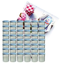 sturzglas-350-ml-blau-gelier-48.jpg 48er Set Sturzglas 350 ml Marmeladenglas Einmachglas Einweckglas To 82 blau karierter Deckel incl. Diamant-Zucker Gelierzauber Rezeptheft_Bild_1