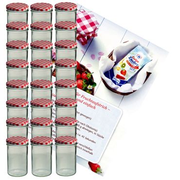 24er Set Sturzglas 435 ml Marmeladenglas Einmachglas Einweckglas To 82 rot karierter Deckel incl. Diamant-Zucker Gelierzauber Rezeptheft_Bild_1