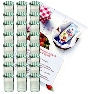 24er Set Sturzglas 435 ml Marmeladenglas Einmachglas Einweckglas To 82 grün karierter Deckel incl. Diamant-Zucker Gelierzauber Rezeptheft_Bild_2