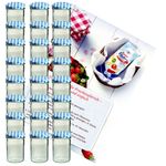 24er Set Sturzglas 435 ml Marmeladenglas Einmachglas Einweckglas To 82 blau karierter Deckel incl. Diamant-Zucker Gelierzauber Rezeptheft_Bild_1